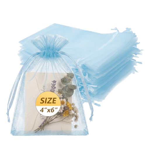 Wudygirl 100 PCS Organza Bags 4"x6" Gift Bags with Drawstring Light Blue