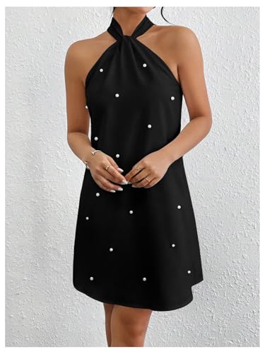 Image of Floerns Women's Pearl Beaded Halter Twist Sleeveless Tie Back Dress A Line Dress