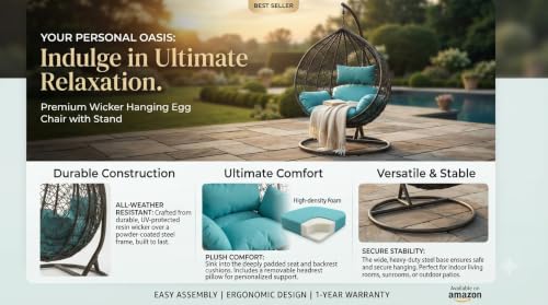 Image of UNIVERSAL FURNITURE Hanging Egg Swing Chair with Stand, Woven Wicker Rattan Style Swing with Cushion, Freestanding Indoor Outdoor Hanging Chair for Patio, Balcony, Garden & Porch (Black Sky)