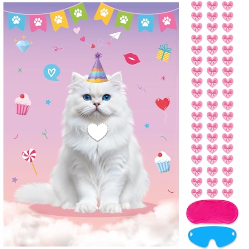 Lemicin Valentines Day Games for Kids Pin the Heart on the Cat with 54 Pcs Heart Bow Stickers Valentine Party Pin Games Poster for Boys Girls Valentine's Day Activities Classroom Supplies