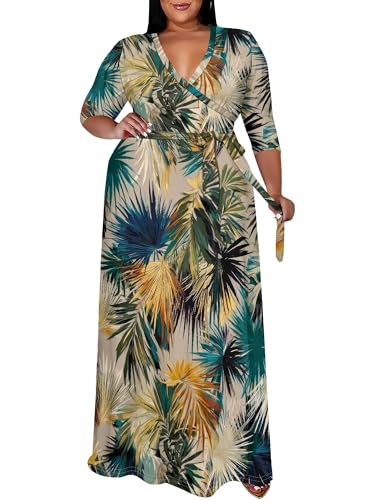 Image of SUZONANA Women's Plus Size Maxi Dresses Casual Loose Short Sleeve Long Maxi Dress with Belt Wedding