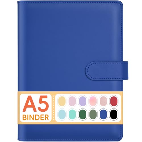 Sooez A5 Notebook Binder 6 Ring Planner with Stylish Design Loose Leaf Personal Organizer Cover with Magnetic Buckle Closure PU Leather Binder for Women with Soft Colors (Navy Blue)