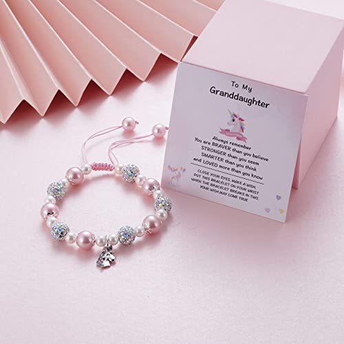 MIXJOY Unicorn Pearl and Rhinestone Balls Pink Bracelet&Card w/Gift Box for Women, Unicorn Lovers Birthday Easter Gifts3