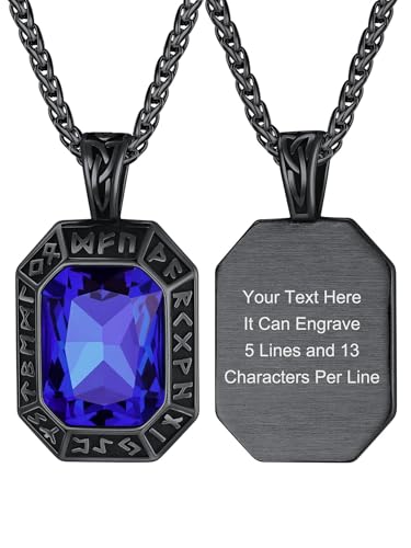 Image of ChainsHouse Viking Rune Pendant Necklace for Men Women, Punk Biker Black Metal /316L Stainless Steel Onyx Norse Vintage Amulet Necklaces with Black /Red /Green /Blue Gemstone, Send Gift Box
