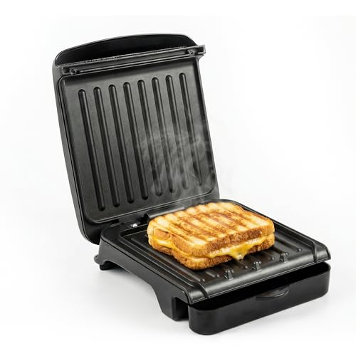 OVENTE 2-Serving Electric Indoor Grill & Panini Press with Easy Clean Non-Stick Plate Coating, Opens 180 Degrees, 8.15' x 7.4' Space Saving Design, 750W Contact Grill for Burgers & More, Black GP222B