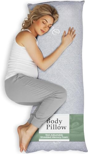 Snuggle-Pedic Body Pillow for Side Sleepers for Adults - Full Body Maternity Pillow Support Legs, Belly & HIPS - Shredded Memory Foam & Cooling Pregnancy Pillow Cover - 20x54 Light Gray