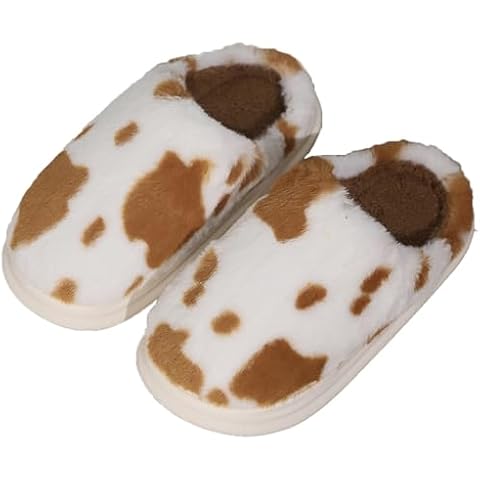 Nabegum Women's Cow Print Slippers Winter Indoor Outdoor House Bedroom Slippers for Ladies Warm and Cozy (Light Brown 26) Cover