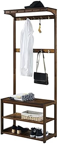 SEIRIONE Bamboo Coat Rack Shoe Bench, 5 in 1 Design Hall Tree Entryway Storage Organizer for Mudroom, Hallway, Foyer etc, 10 Double Hooks, 1 Top Shelf, Easy Assembly, Vintage