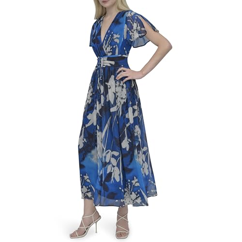 DKNY Women's Short Sleeve Surplice Neck Ruched Drawstring Waist Maxi Dress3