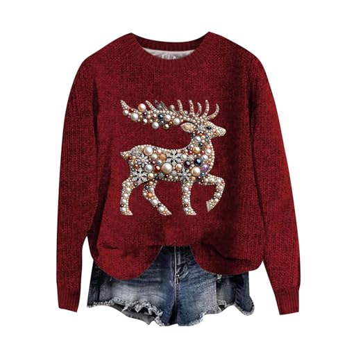Sudadera de Navidad para mujer suéter de punto con cuello redondo invierno rojo talla L