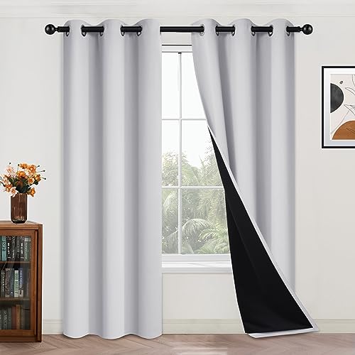 Image of Yakamok Greyish White 100% Blackout Curtains 84 Inches Long, 2 Thick Layers | Blackout Curtains for Bedroom /Living Romm Full Light Blocking Soft Thermal Insulated Drapes for Bedroom 42 inch Wide Each Panel