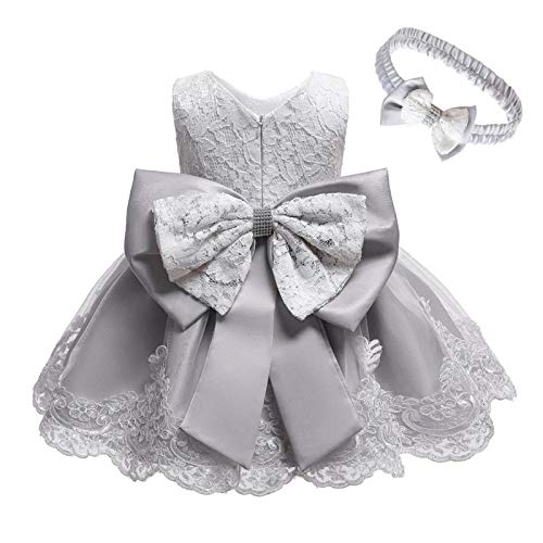 Formal Tutu Bowknot Princess Wedding Baby Clothes Lace Dress+Headband Girls Set Baby Holiday (Grey, 18-24 Months)2