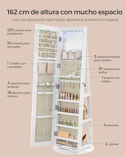 SONGMICS Espejo Joyero con 6 LEDs, Armario de Joyas de Giro de 360°, Organizador de Joyería Giratorio, sin Marco, Espejo Completo, 3 Estantes, Superficie Blanco, Forro Greige JJC007W02 - imagen 4