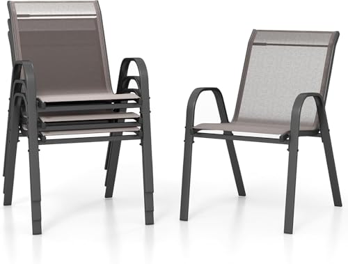 COSTWAY Lot de 2/4 Chaises de Jardin Exterieures avec Cadre en Métal, Chaise de Salle à Manger Empilable en Tissu Respirant, Fauteuil d'Extérieur pour Cour,...
