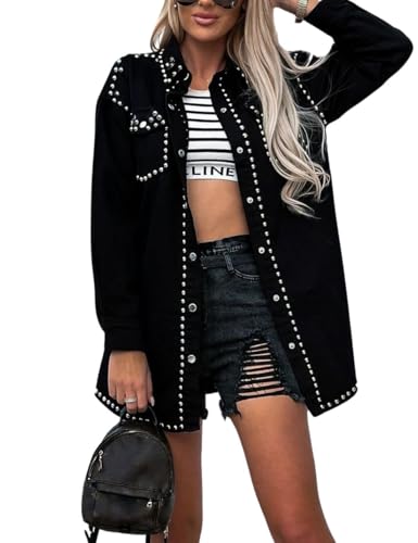 Women's Rivet Studded Denim Jacket Trend Classic Oversized Versatile Long Sleeve Lapel Collar Button Down Jean Coats
