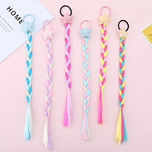6 Pieces Rainbow Color Hair Extensions For Kids Princess Braided Hair Accessories For Girls Braided Ponytail Extension With Rubber Bands Colored Hair Extensions For Kids Stars Hair Accessories For Girls Synthetic Hairpieces #TOP1