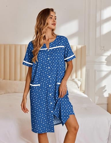 Image of Ekouaer Nightgowns for Women House Dress with Pockets Button Down Sleepshirt Short Sleeve Nightshirt Housecoat