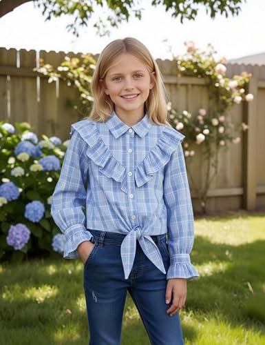 Image of Girls Sleeveless Plaid Button Down Shirt Summer Crop Tops Tie Knot Ruffle Sleeve Shirt Blouse 3-12Y