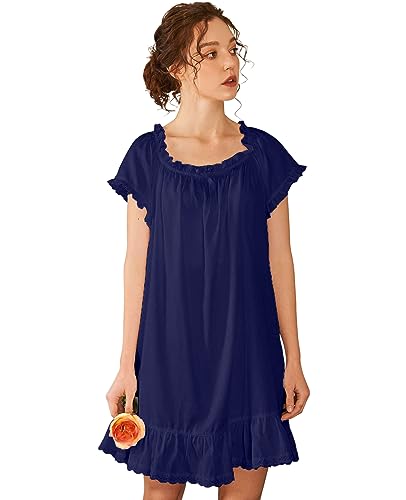 Image of Nanxson Women's Cotton Nightgown Short Sleeve Sleepwear Vintage Nightshirt | Summer Victorian Sleepdress,White Sleepshirt,U Neck Lace Loungewear,Soft Nightshirt,Loose Loungedress,Bride Nightwear