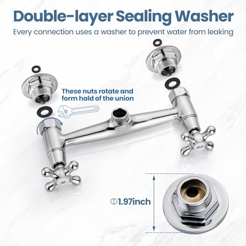 Airuida Chrome Polish Commercial Wall Mount Kitchen Faucet 2 Hole Double Cross Handles 360 Rotatable Spout 8 Inch Center Tap for Kitchen Sink