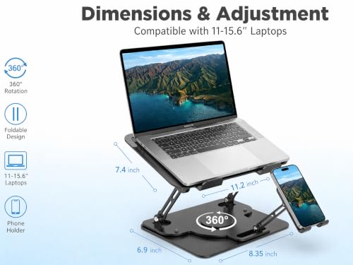 Image of Laptop Stand for Desk,Laptop Riser with Phone Holder& 360 Rotating Base | Adjustable Computer Stand|Ergonomic Laptop Riser for Collaborative Work|Macbook Stand fits for All 10-16 inch Laptops(Black)