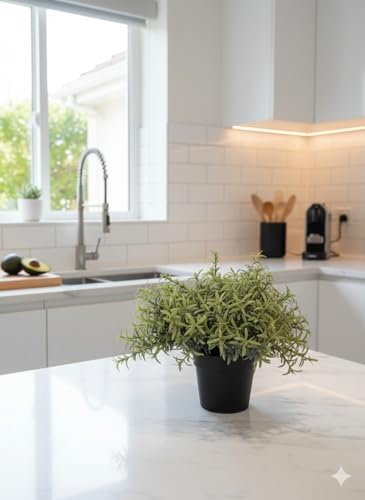 Image of PAPERI Artificial Rosemary Plants for Home Decor - Indoor Fake Rosemary Plant Flowers with Pot, Bathroom Decorations Items, Small Plastic Trees, Decoration Flower for Living Room Table, Green
