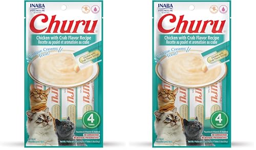Image of INABA Churu Cat Treats, Grain-Free, Lickable, Squeezable Creamy Puree Cat Treat /Topper with Vitamin E & Taurine, 0.5 Ounces Each Tube, 4 Tubes, Chicken with Crab Recipe (Pack of 2)