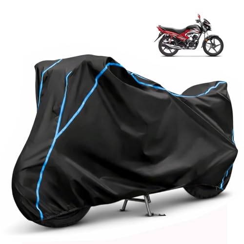 Image of Compatible with Honda Dream Yuga Waterproof Two Wheeler Bike Body Cover Water Resistant, Heavy Duty, UV Rays, Dust & Scratch Protection for All-Modal & Variants (Black,Sky Blue Piping)