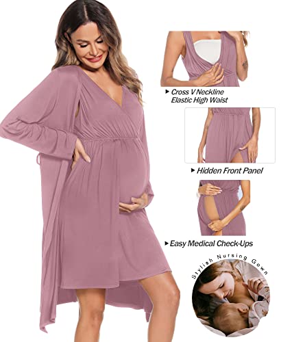 Image of SWOMOG Women Maternity Nursing Gown and Robe Set 3 in 1 Labor Delivery Nursing Nightgown for Breastfeeding Hospital Bathrobe