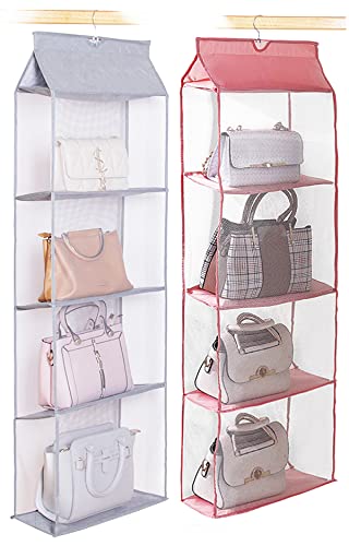 Aarainbow 2 Packs Hanging Clear Handbag Purse Organizer For Closet,Handbag Organizer With Hook,4 Easy Access Pockets,Wardrobe Closet Space Saving Organizers ,Washable,47.2 H X 15.7Lx 6.3W (Gray+Pink) #TOP26