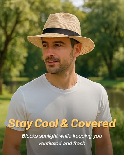 Image of Zylioo XXL Oversize Straw Sun Hat for Big Heads, Wide Brim UV Protection Panama Beach Hat, Summer Fedora with Lanyard