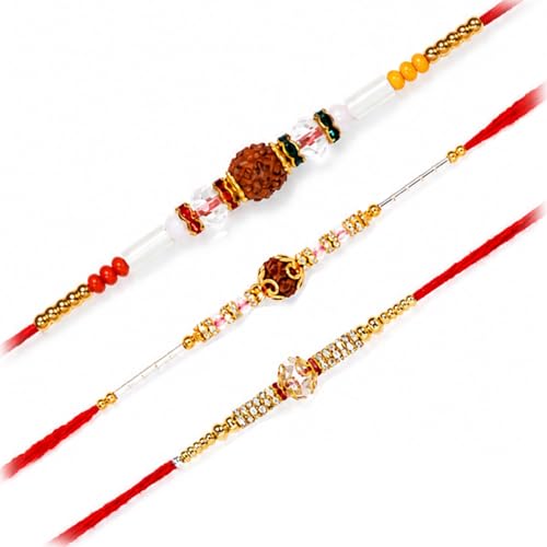 Image of Peora CZ Pearl & Crystals Studded Thread Rakhi for Brother Bhaiya | Combo Set of 3 | Raksha Bandhan Hamper with Roli Chawal & Greeting Card