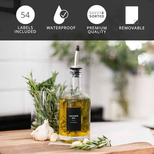 Black Oil Bottle Labels, 54 Preprinted Pantry Stickers for Oils and Vinegar Dispenser Glass Bottles, Condiment Jars, Waterproof Removable, Kitchen Organization