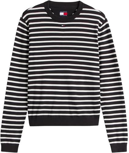 Tommy Jeans Damen TJW Essential Crew Sweater EXT DW0DW20159 Pullover Sweater, Schwarz (Black/Ecru Stripe), XL, Schwarz (Schwarz/Ecru Stripe), XL