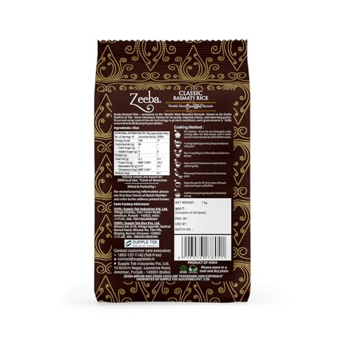 Zeeba Classic Basmati Rice 1 Kg, Raw & Naturally Aged for 2 years, Extra Long Grains (Cooked length upto 27mm*)