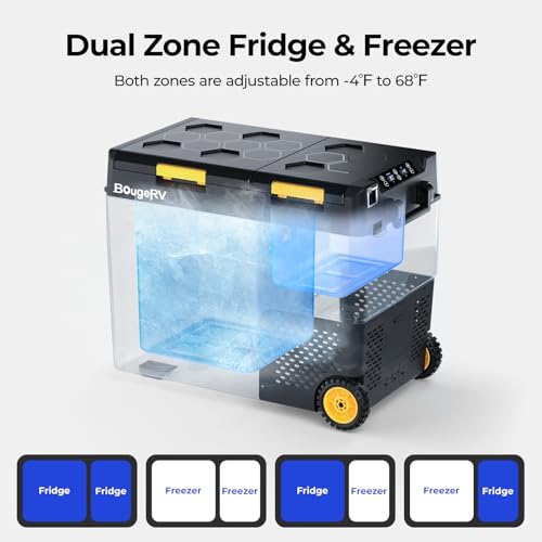 Image of BougeRV 12 Volt Car Refrigerator, CRD2 61 Quart Portable Fridge Freezer with APP Control, -4℉ to 68℉ Dual Zone Compressor Electric Cooler 12 /24V DC, 110~240V AC for Overlanding, Camping, RV, Truck