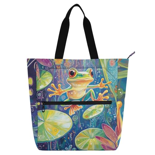 Bolsas de mano con bolsillos interiores fáciles de limpiar y divertido estampado de rana
