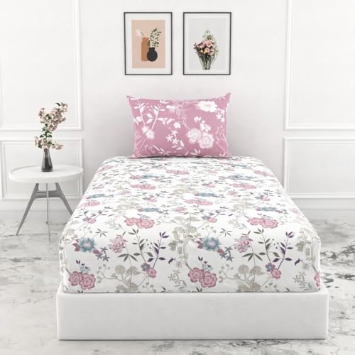 Image of Blue Strip Polycotton Fitted Bedsheet, Single 42x75 (White+Pink gulab) | 300 TC | All-Round Elastic Grip | Soft, Breathable & Colourfast | Wrinkle Resistant | Machine Washable