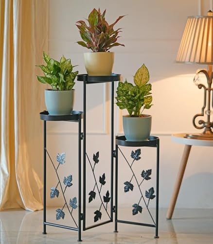 Image of Set of 2 Black (3-Tier) Metal Planter Stands for Living Room with Foldable Design | Pot Stand for Indoor Plants (Size- 30 & 36 Inch) - [Plants are not Included]