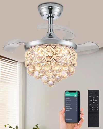 Fejanical 30" Dimmable fandelier Ceiling Fan with Light, Retractable Chandeliers Ceiling Fans with Lights, Crystal Fandeliers with Lights and Remote for Bedroom Living Room, Chrome