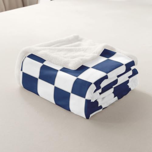 Image of Erosebridal White Blue Plaid Throw Blanket Throw 50 inchX60 inch Navy Blue Checkerboard Fleece Bed Blanket for Kids Boys Teen,Checkered Grid Sherpa Blanket Modern Aesthetic Geometric Fuzzy Blanket