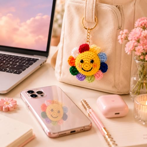 Image of Handmade Crochet Sunflower Keychain for Women & Girls, Cute Yellow Flower Key Ring Charm, Soft Yarn Knitted Gift, Bag Charm, Car Key Holder, Aesthetic Handmade Floral Accessory