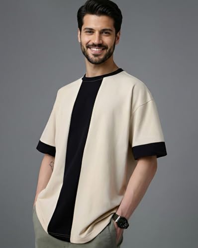 Image of Men T-Shirt, Two-Tone Ribbed Round Neck, Casual Half Sleeve Tshirts for Mens