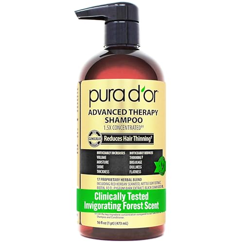 PURA D'OR Advanced Therapy Shampoo Reduces Hair Thinning & Increases Volume, No SLS, Biotin Shampoo Infused w/Argan Oil, Aloe Vera for All Hair Types, Men & Women, Invigorating Forest Scent 16 Fl Oz
