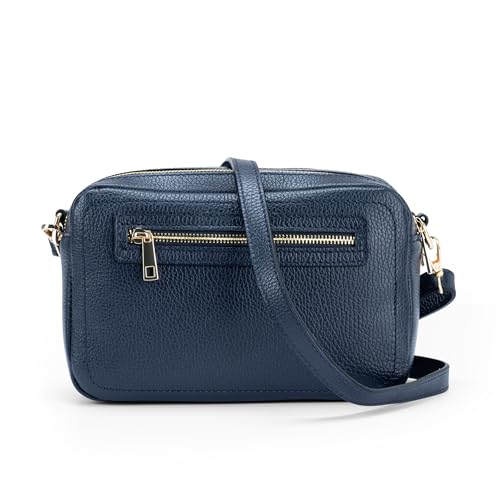 Bolso de Hombro de Cuero Mujer, Made in Italy, 2 Compartimentos con Cremallera, Bolsillo frontal, Correa de Hombro Ajustable (Azul)