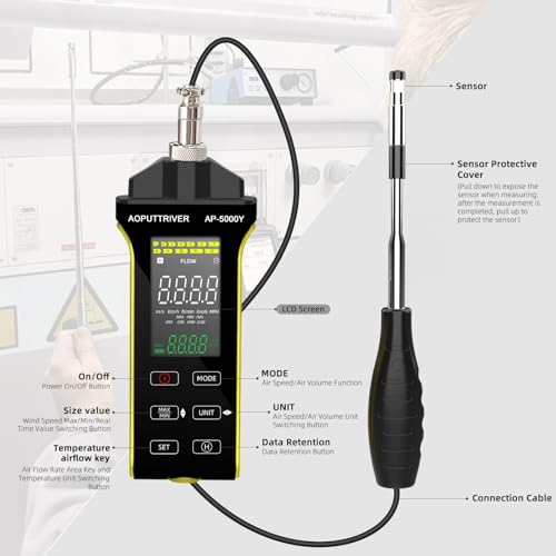 Anemometer Handheld, HVAC Wind Meter Hot Wire Anemometer with 360° Revolve Telescopic Probe Measures Airflow and Temperature in CFM/CMM Air Flow Velocity, Airflow Meter for HVAC Cone Duct-AP-5000Y