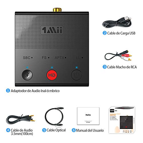 1Mii Transmisor Bluetooth 5.0 TV, Emisor de Audio Bluetooth AptX HD y Baja Latencia, Adaptador Bluetooth para PC con Dual Enlace 2 Auriculares/Altavoces BT, con Jack AUX 3.5mm/ Optico/Coaxial/RCA
