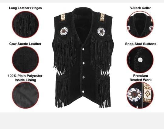 Image of Western Style Cow Suede Leather Vest for Men with Native American-Inspired Design, Fringes, Beads & Braid