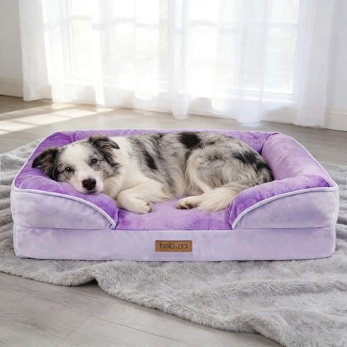 BELLA & PAL Cuccia per Cani Interno, 92x69x16.5cm Letto Ortopedico per Cani Taglia Media, Cuscino Cane con Bordo Alto | Divano Cane in Flanella Sfonderabile Impermeabile e Lavabile, Viola
