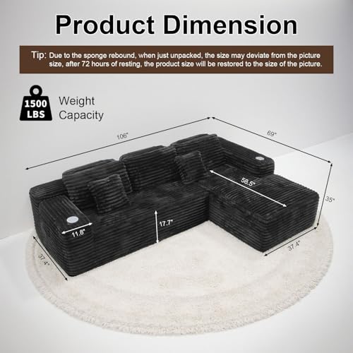 Image of Cloud Sofa Sectional Couch with L-Shape Chaise, Modern Corduroy Boneless Modular Sofa with Cup Holder for Living Room and Apartment, Deep Seat Floor Couch No Assembly (Black, Right Facing Chaise)